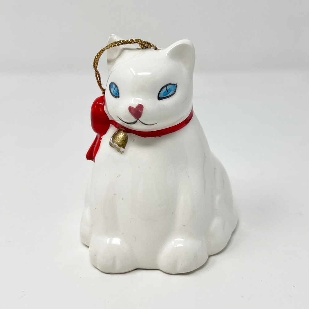 Silvestri White Cat Ceramic Ornament Christmas Figurine Red Bow Gold Bell